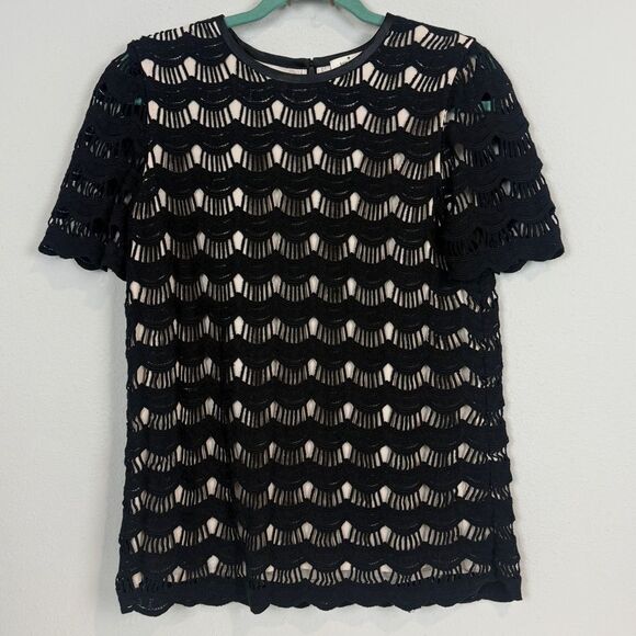 Kate Spade Black Scalloped Lace Short Sleeve Top 2 - Picture 1 of 9